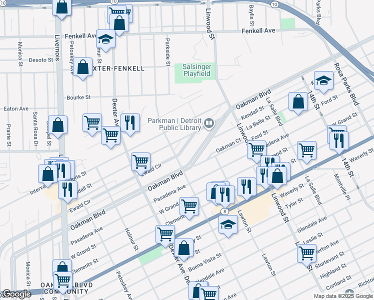 map of restaurants, bars, coffee shops, grocery stores, and more near 1915 Ewald Circle in Detroit