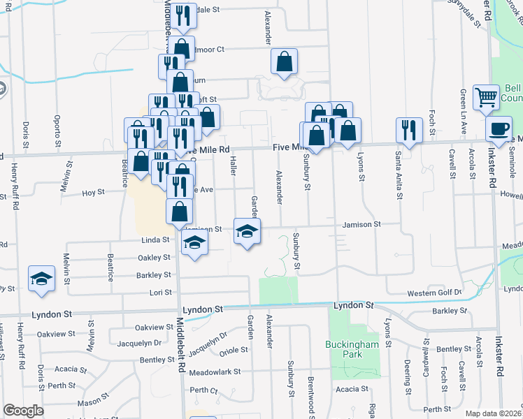 map of restaurants, bars, coffee shops, grocery stores, and more near 14993 Garden Street in Livonia