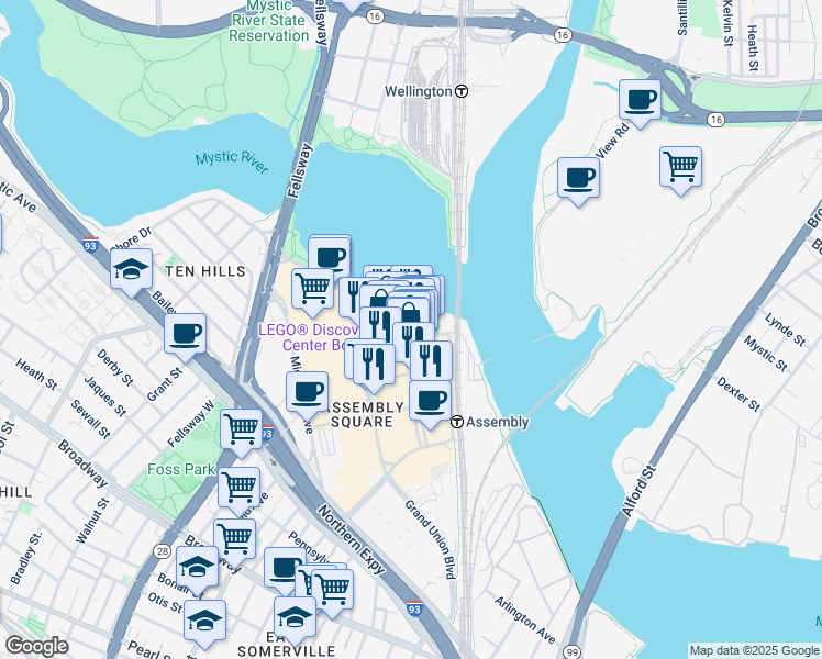 map of restaurants, bars, coffee shops, grocery stores, and more near 478 Artisan Way in Somerville
