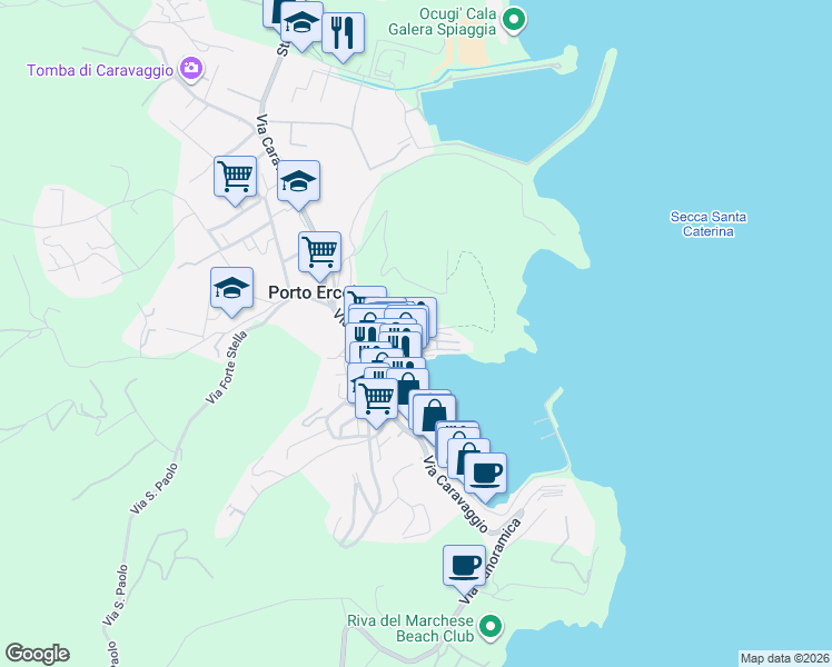 map of restaurants, bars, coffee shops, grocery stores, and more near 39 Via Filippo II in Provincia di Grosseto