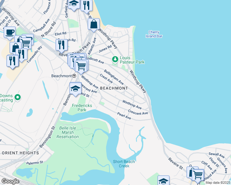 map of restaurants, bars, coffee shops, grocery stores, and more near in Revere