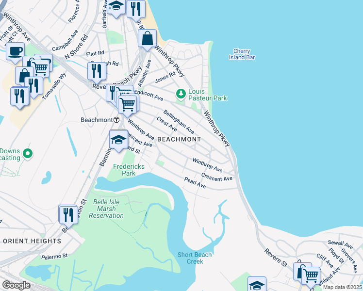 map of restaurants, bars, coffee shops, grocery stores, and more near in Revere