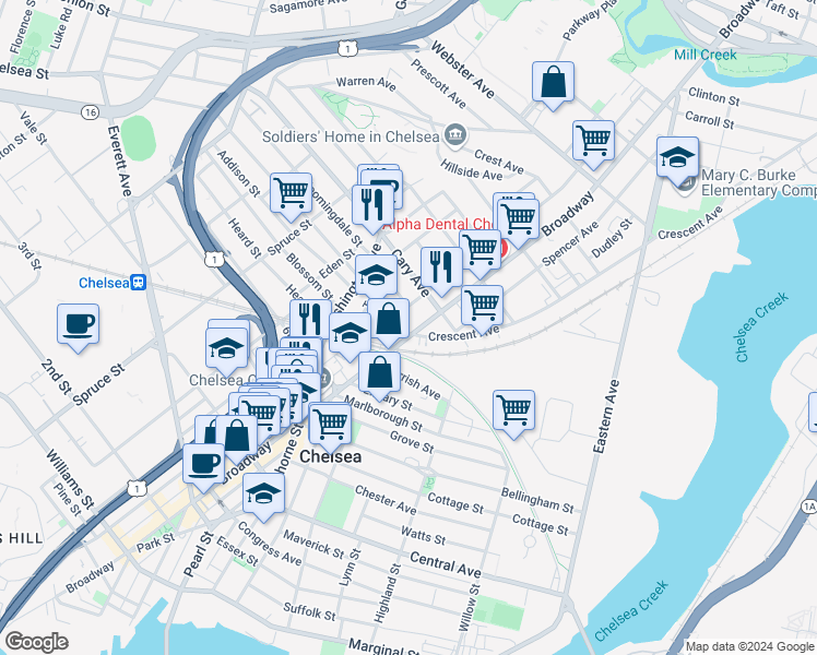 map of restaurants, bars, coffee shops, grocery stores, and more near 19 Clark Avenue in Chelsea