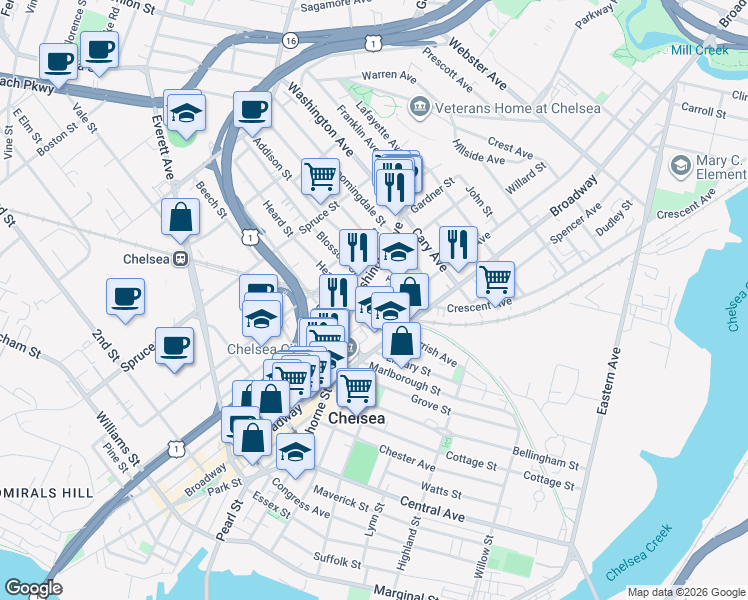 map of restaurants, bars, coffee shops, grocery stores, and more near 93 Washington Avenue in Chelsea