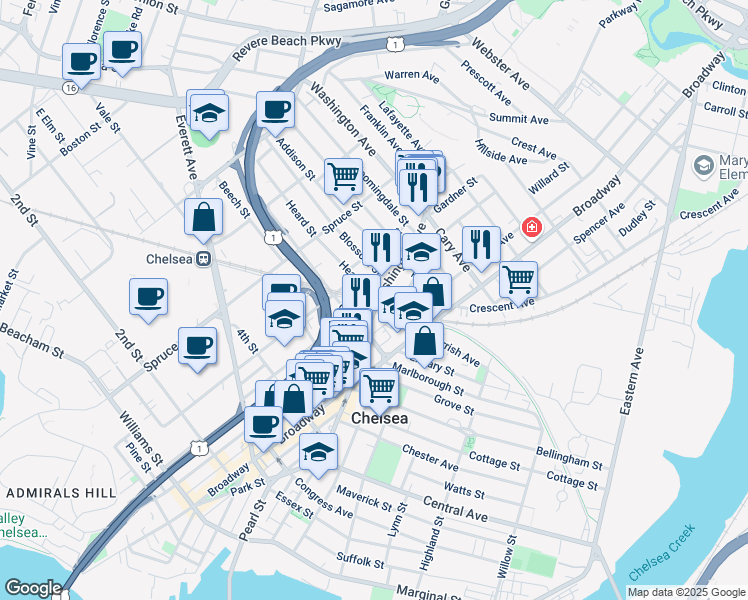 map of restaurants, bars, coffee shops, grocery stores, and more near 93 Washington Avenue in Chelsea