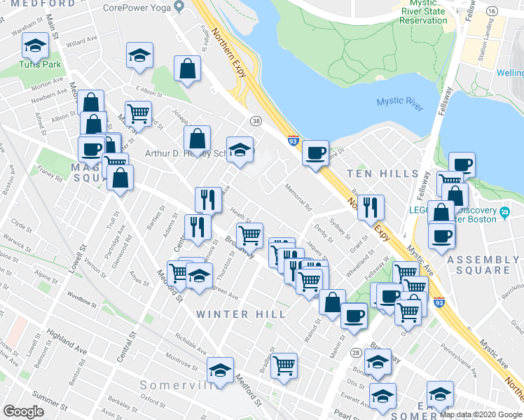 map of restaurants, bars, coffee shops, grocery stores, and more near 105 Jaques Street in Somerville
