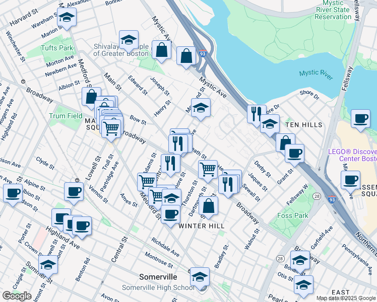 map of restaurants, bars, coffee shops, grocery stores, and more near 107 Heath Street in Somerville