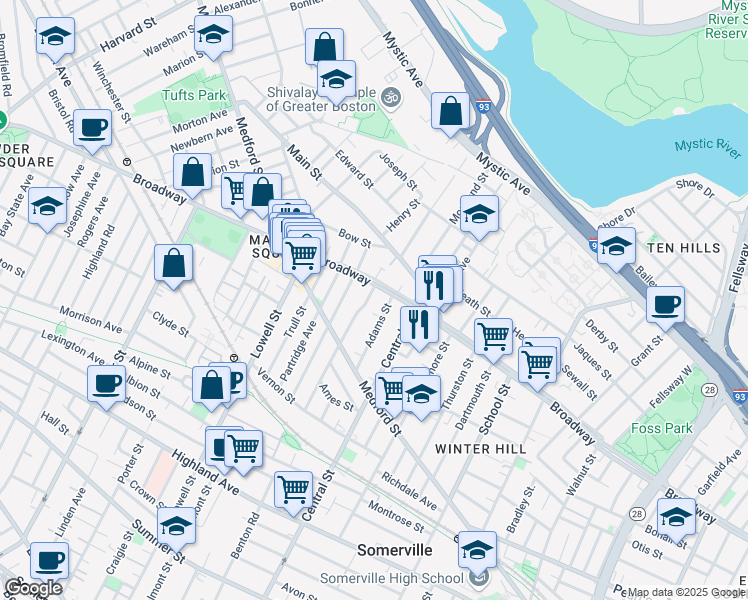map of restaurants, bars, coffee shops, grocery stores, and more near 427A Broadway in Somerville