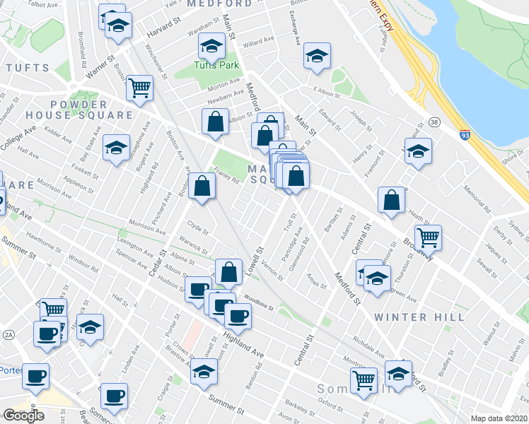map of restaurants, bars, coffee shops, grocery stores, and more near 5 Lowell Terrace in Somerville
