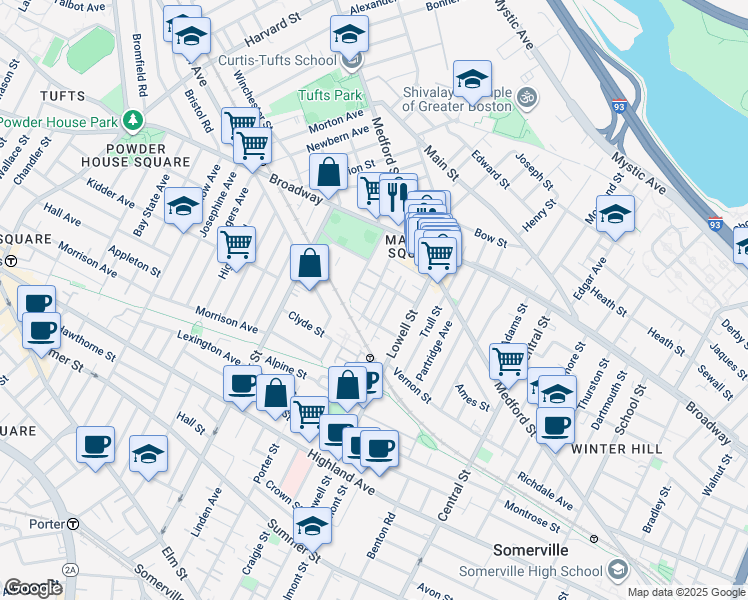map of restaurants, bars, coffee shops, grocery stores, and more near in Somerville