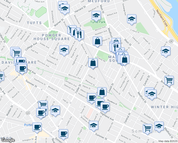 map of restaurants, bars, coffee shops, grocery stores, and more near 11 Murdock Street in Somerville