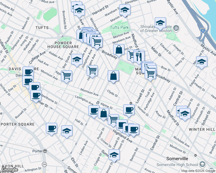 map of restaurants, bars, coffee shops, grocery stores, and more near 48 Boston Avenue in Somerville