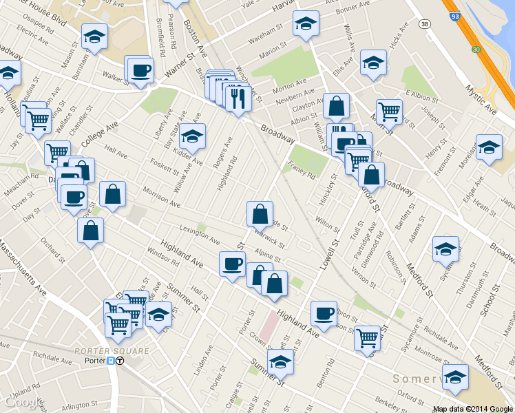 map of restaurants, bars, coffee shops, grocery stores, and more near 48 Boston Avenue in Somerville