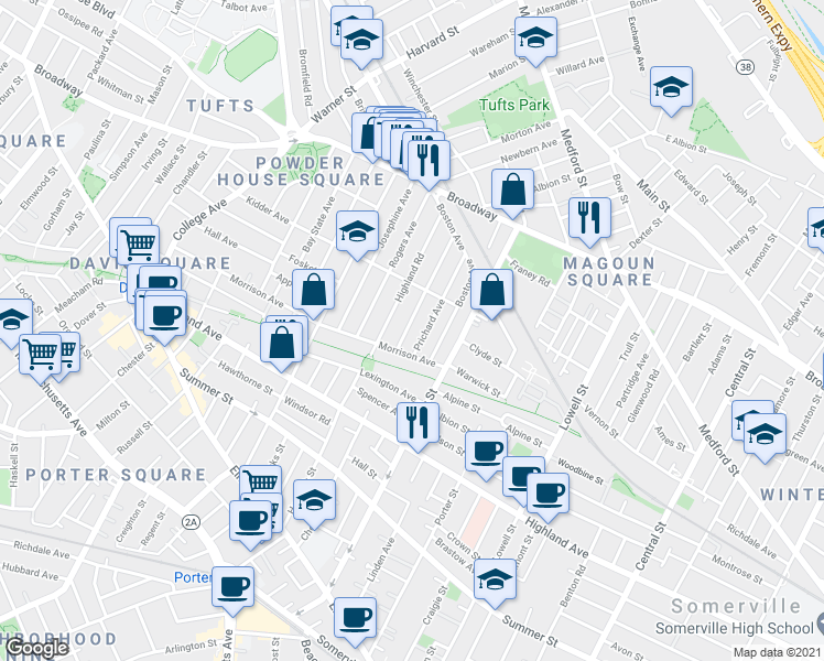 map of restaurants, bars, coffee shops, grocery stores, and more near 40 Pearson Avenue in Somerville