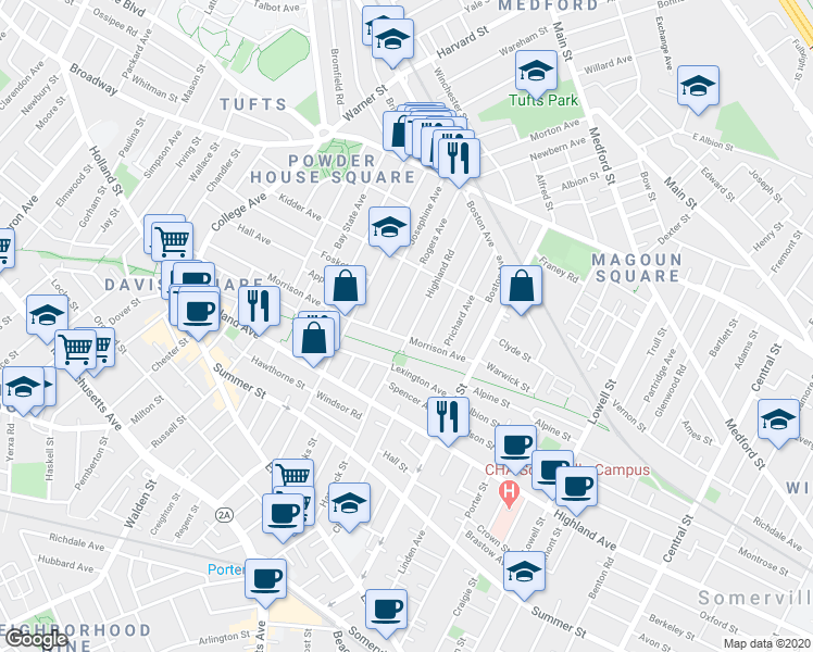 map of restaurants, bars, coffee shops, grocery stores, and more near 19 Rogers Avenue in Somerville
