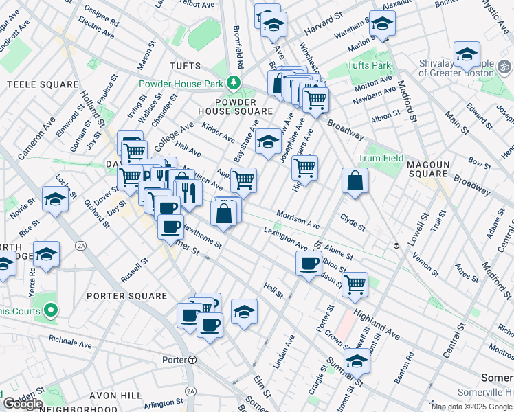 map of restaurants, bars, coffee shops, grocery stores, and more near in Somerville