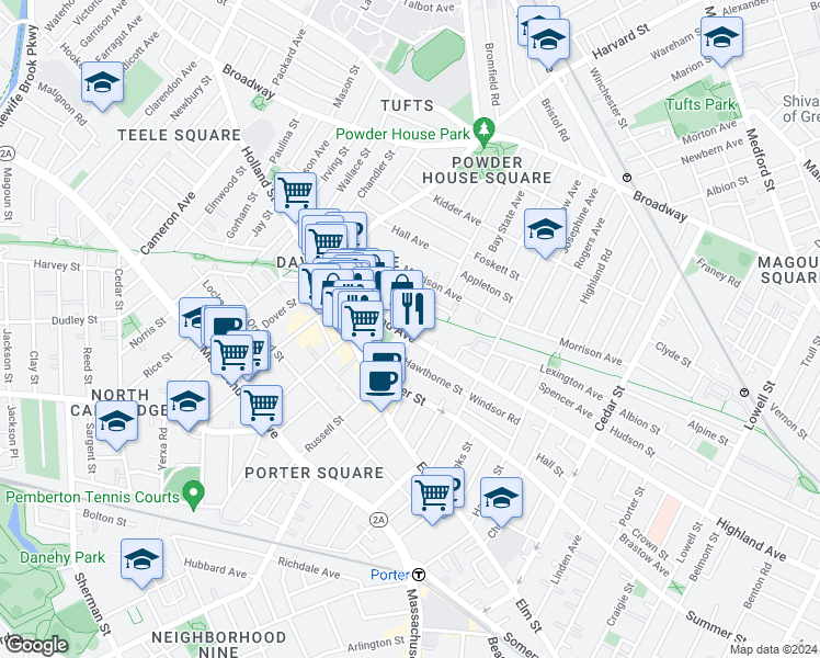 map of restaurants, bars, coffee shops, grocery stores, and more near 29 Ellington Road in Somerville