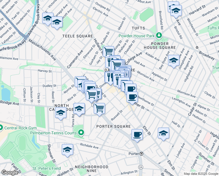 map of restaurants, bars, coffee shops, grocery stores, and more near 88 Dover Street in Somerville