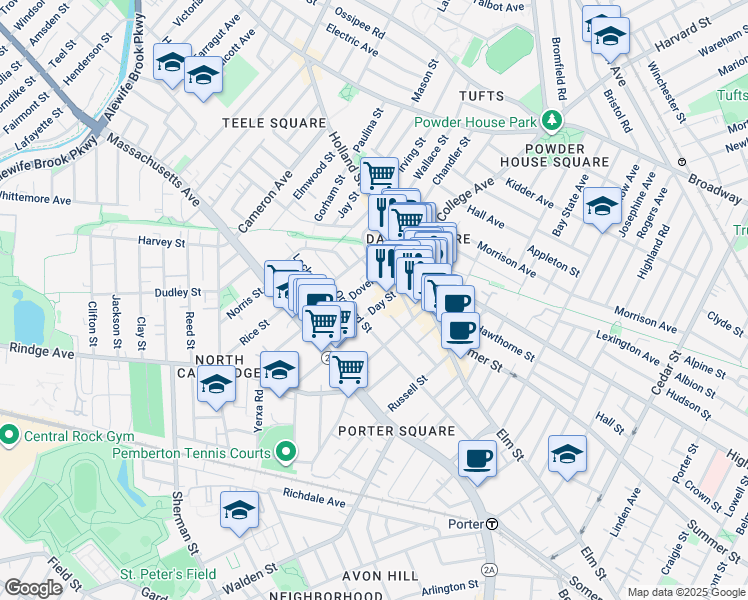map of restaurants, bars, coffee shops, grocery stores, and more near 88 Dover Street in Somerville