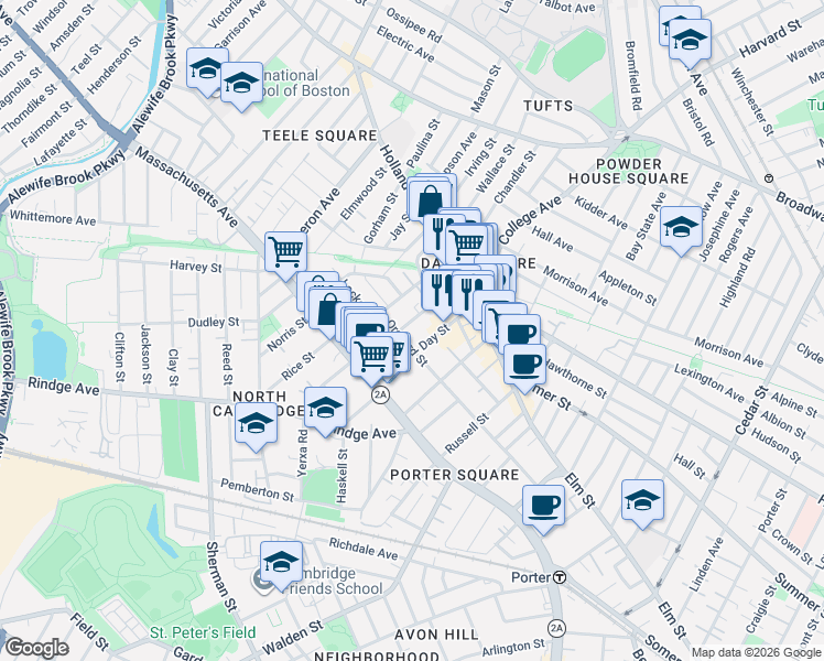 map of restaurants, bars, coffee shops, grocery stores, and more near 155 Orchard Street in Somerville