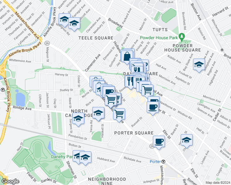 map of restaurants, bars, coffee shops, grocery stores, and more near 155 Orchard Street in Somerville