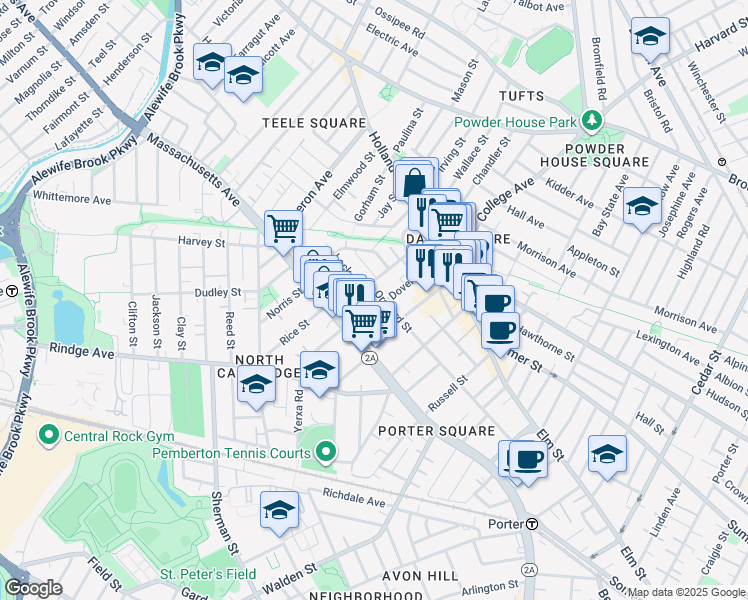 map of restaurants, bars, coffee shops, grocery stores, and more near 155 Orchard Street in Somerville