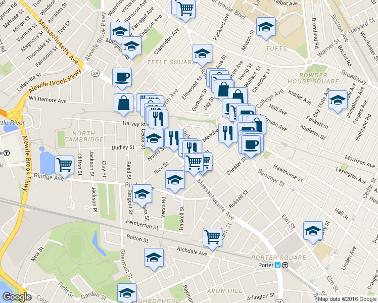 map of restaurants, bars, coffee shops, grocery stores, and more near 9 Locke Street in Cambridge