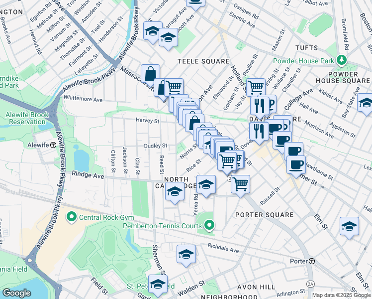map of restaurants, bars, coffee shops, grocery stores, and more near 22 Dudley Street in Cambridge