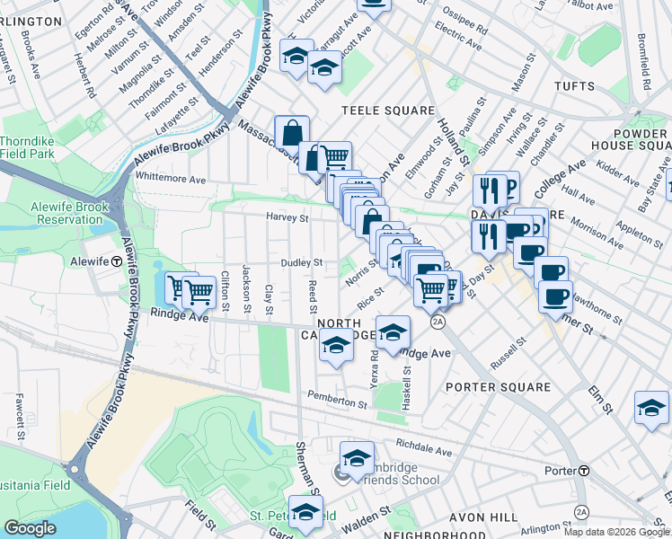 map of restaurants, bars, coffee shops, grocery stores, and more near 63 Dudley Street in Cambridge