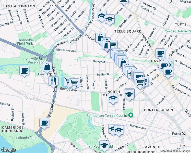 map of restaurants, bars, coffee shops, grocery stores, and more near 133 Dudley Street in Cambridge