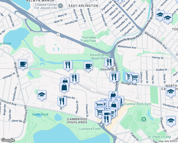map of restaurants, bars, coffee shops, grocery stores, and more near 87 Cambridgepark Drive in Cambridge