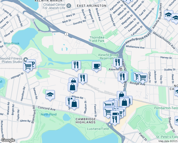 map of restaurants, bars, coffee shops, grocery stores, and more near 165 Cambridgepark Drive in Cambridge