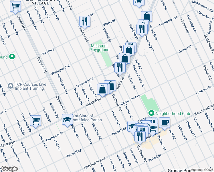 map of restaurants, bars, coffee shops, grocery stores, and more near 17101 Neveux Street in Detroit