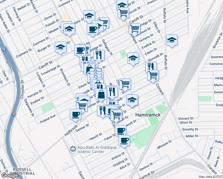map of restaurants, bars, coffee shops, grocery stores, and more near 9423 McDougall Street in Hamtramck