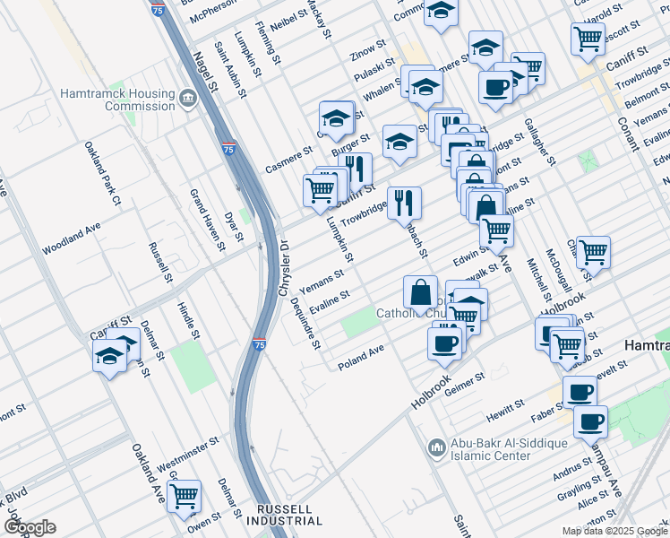 map of restaurants, bars, coffee shops, grocery stores, and more near 2030 Belmont Street in Hamtramck