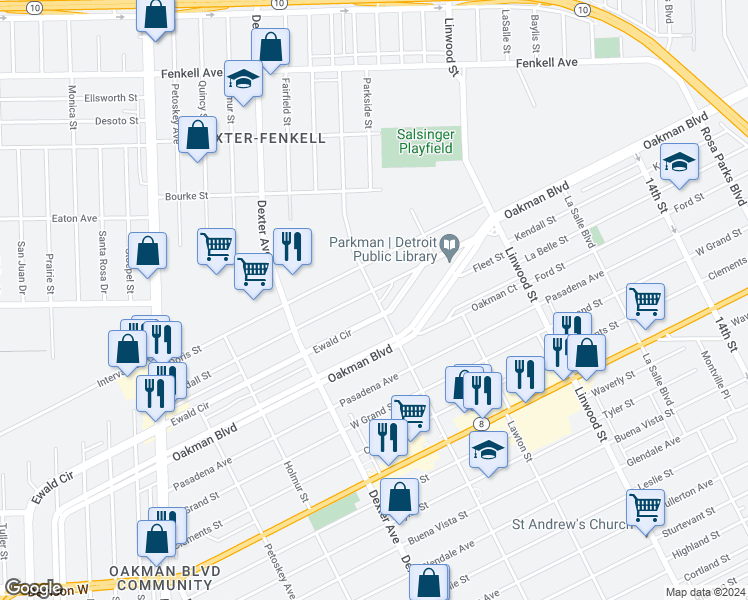 map of restaurants, bars, coffee shops, grocery stores, and more near 3022 Kendall Street in Detroit