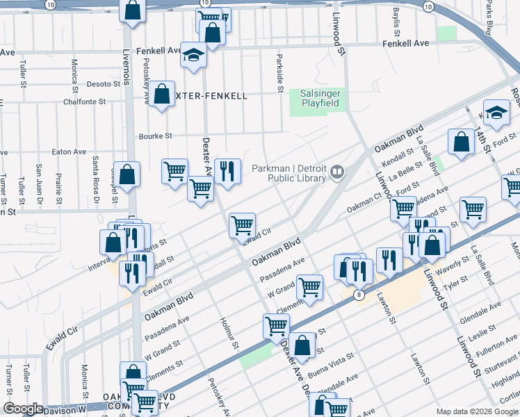 map of restaurants, bars, coffee shops, grocery stores, and more near 3233 Doris Street in Detroit