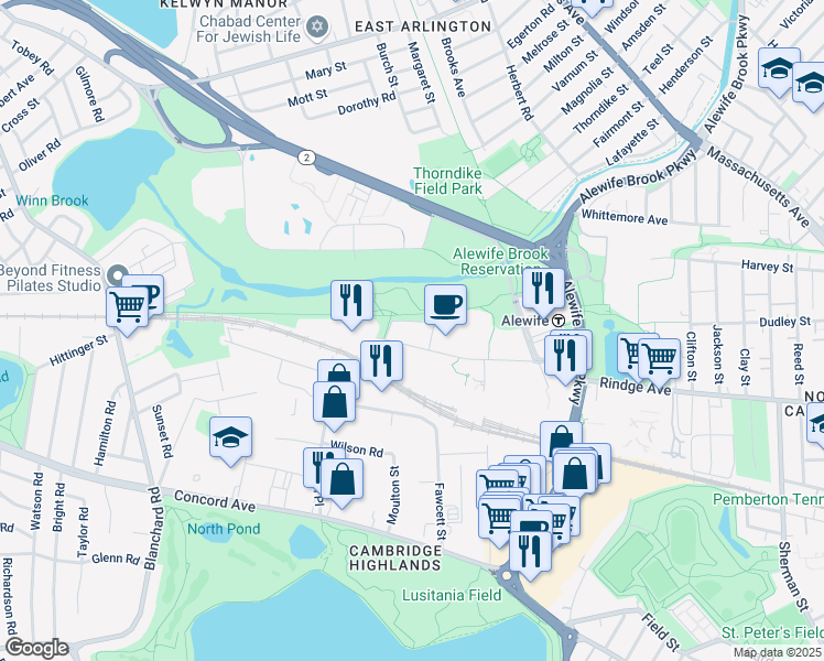 map of restaurants, bars, coffee shops, grocery stores, and more near 165 Cambridge Park Drive in Cambridge