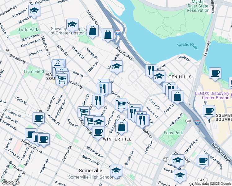map of restaurants, bars, coffee shops, grocery stores, and more near 38 Bond Street in Somerville