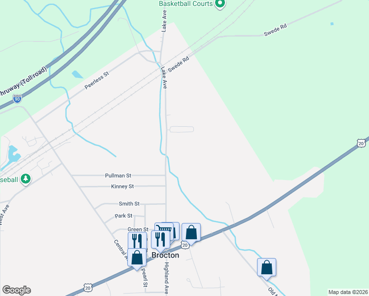 map of restaurants, bars, coffee shops, grocery stores, and more near 117 Lake Avenue in Brocton