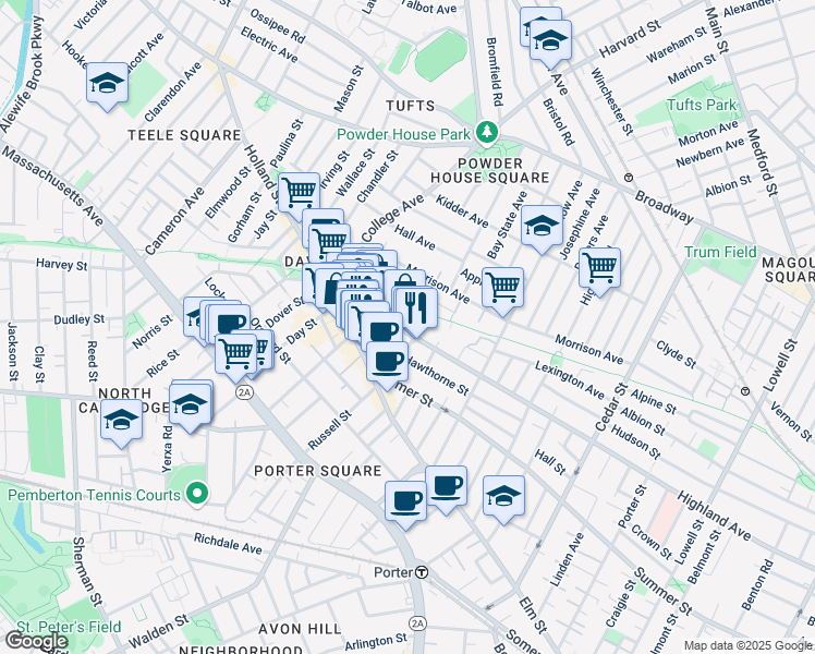 map of restaurants, bars, coffee shops, grocery stores, and more near 29 Ellington Road in Somerville