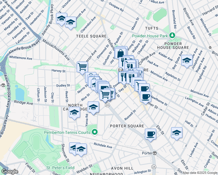 map of restaurants, bars, coffee shops, grocery stores, and more near 155 Orchard Street in Somerville