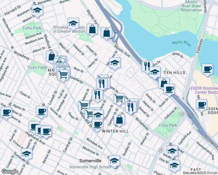 map of restaurants, bars, coffee shops, grocery stores, and more near 107 Heath Street in Somerville
