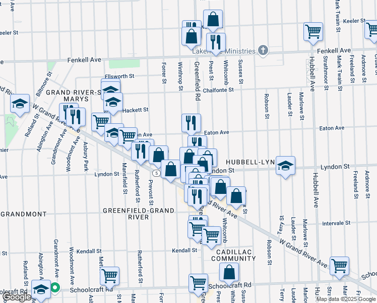 map of restaurants, bars, coffee shops, grocery stores, and more near 14625 Greenfield Road in Detroit