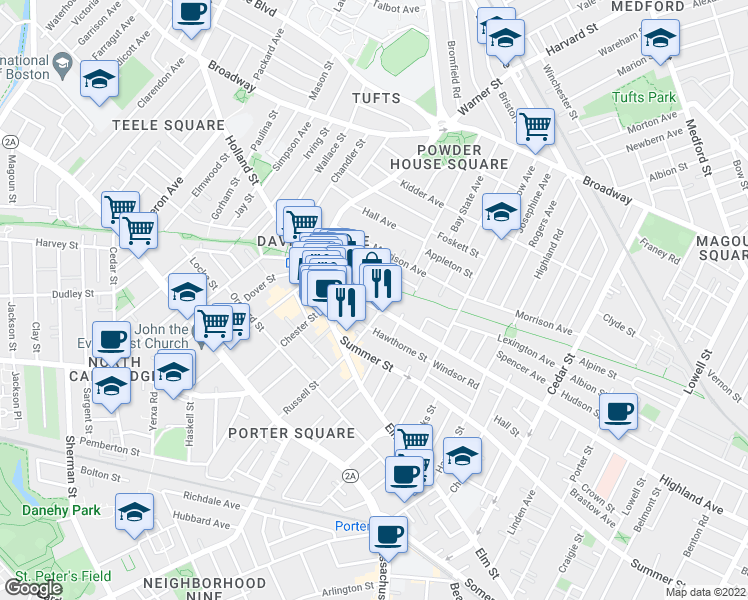map of restaurants, bars, coffee shops, grocery stores, and more near 387 Highland Avenue in Somerville