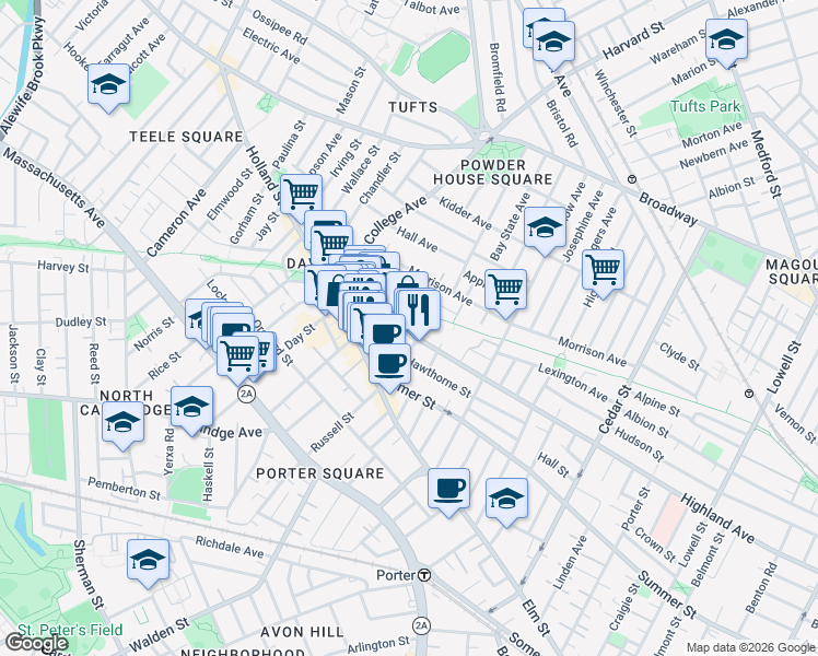 map of restaurants, bars, coffee shops, grocery stores, and more near 29 Ellington Road in Somerville