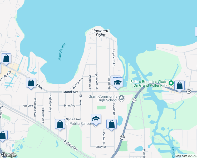 map of restaurants, bars, coffee shops, grocery stores, and more near 19 Lippincott Road in Fox Lake