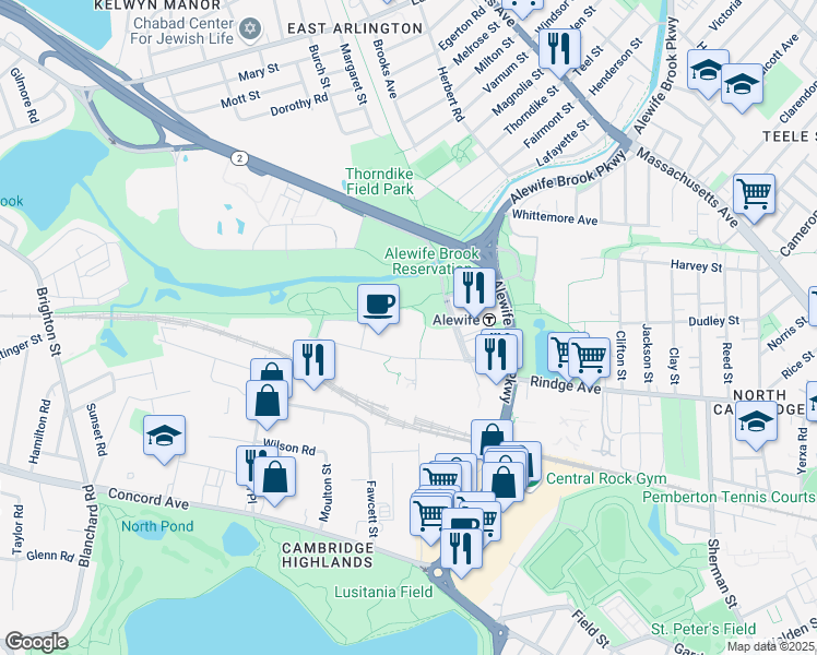 map of restaurants, bars, coffee shops, grocery stores, and more near 87 Cambridgepark Drive in Cambridge