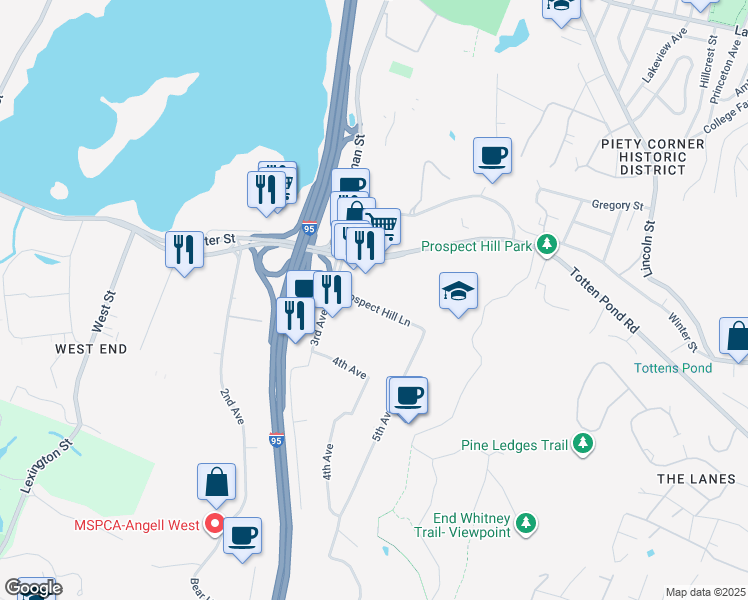 map of restaurants, bars, coffee shops, grocery stores, and more near 500 Totten Pond Road in Waltham