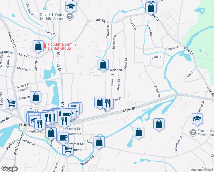 map of restaurants, bars, coffee shops, grocery stores, and more near 39 Tower Street in Hudson